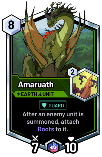 Amaruath - After an enemy unit is summoned, attach Roots to it.