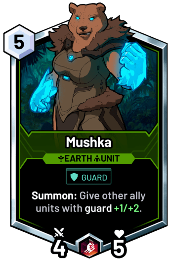 Mushka - Summon: Give other ally units with guard +1/+2.