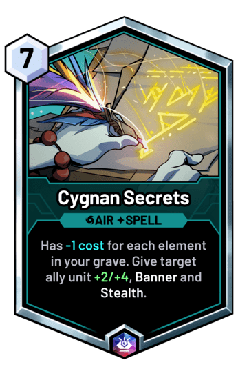 Cygnan Secrets - Has -1 cost for each element in your grave. Give target ally unit +2/+4, Banner and Stealth.