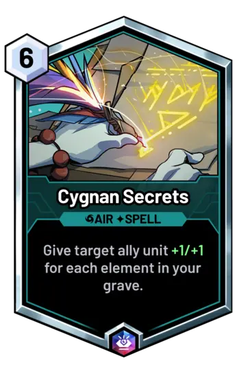 Cygnan Secrets - Give target ally unit +1/+1 for each element in your grave.