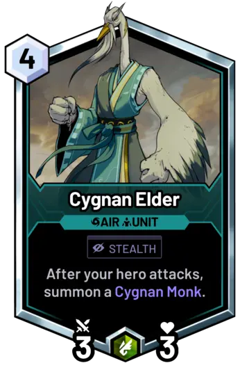 Cygnan Elder - After your hero attacks, summon a Cygnan Monk.