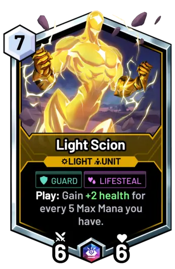 Light Scion - Play: Gain +2 health for every 5 Max Mana you have.