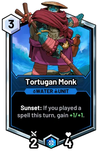 Tortugan Monk - Sunset: If you played a spell this turn, gain +1/+1.
