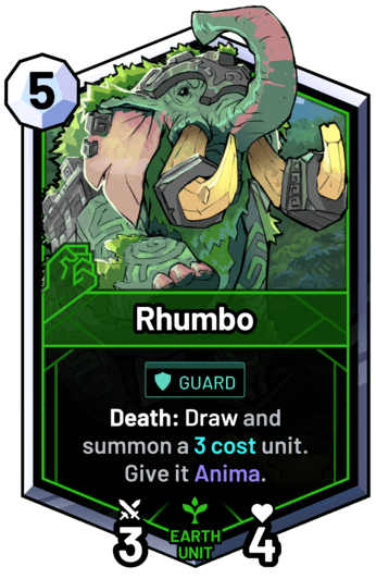Rhumbo - Death: Draw and summon a 3 cost unit. Give it Anima.