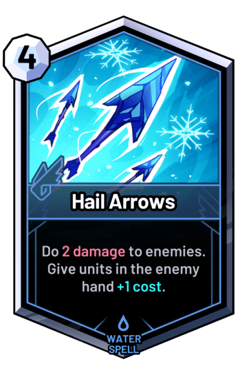 Hail Arrows - Do 2 damage to enemies. Give units in the enemy hand +1 cost.