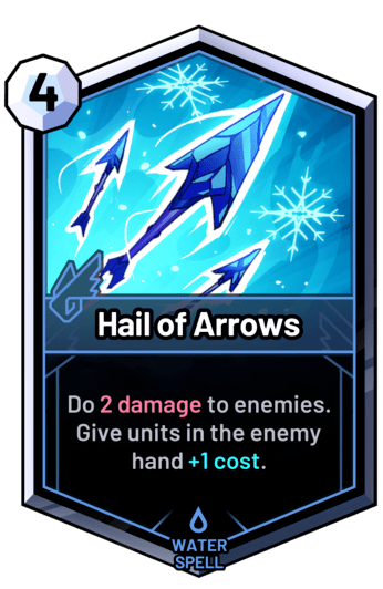 Hail of Arrows - Do 2 damage to enemies. Give units in the enemy hand +1 cost.