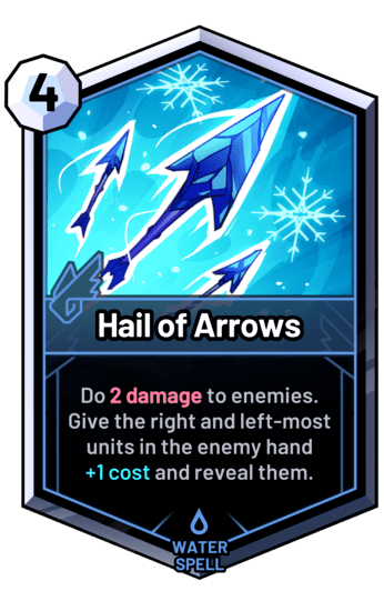 Hail of Arrows - Do 2 damage to enemies. Give the right and left-most units in the enemy hand +1 cost and reveal them.