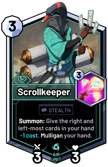Scrollkeeper - Summon: Give the right and left-most cards in your hand -1 cost. Mulligan your hand.