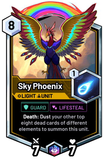 Sky Phoenix - Death: Dust your other top eight dead cards of different elements to summon this unit.