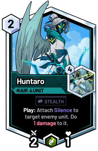 Huntaro - Play: Attach Silence to target enemy unit. Do 1 damage to it.