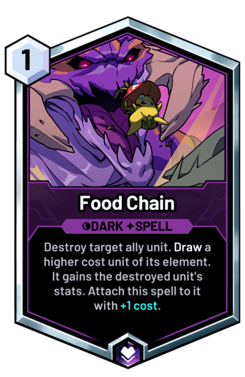Food Chain - Destroy target ally unit. Draw a higher cost unit of its element. It gains the destroyed unit's stats. Attach this spell to it with +1 cost.