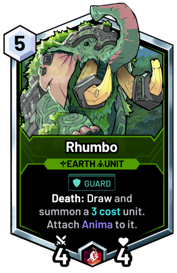 Rhumbo - Death: Draw and summon a 3 cost unit. Attach Anima to it.