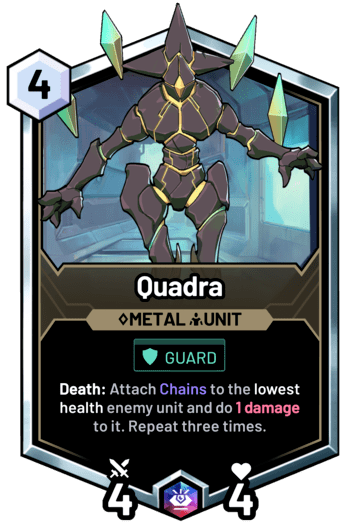 Quadra - Death: Attach Chains to the lowest health enemy unit and do 1 damage to it. Repeat three times.