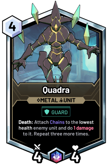 Quadra - Death: Attach Chains to the lowest health enemy unit and do 1 damage to it. Repeat three more times.